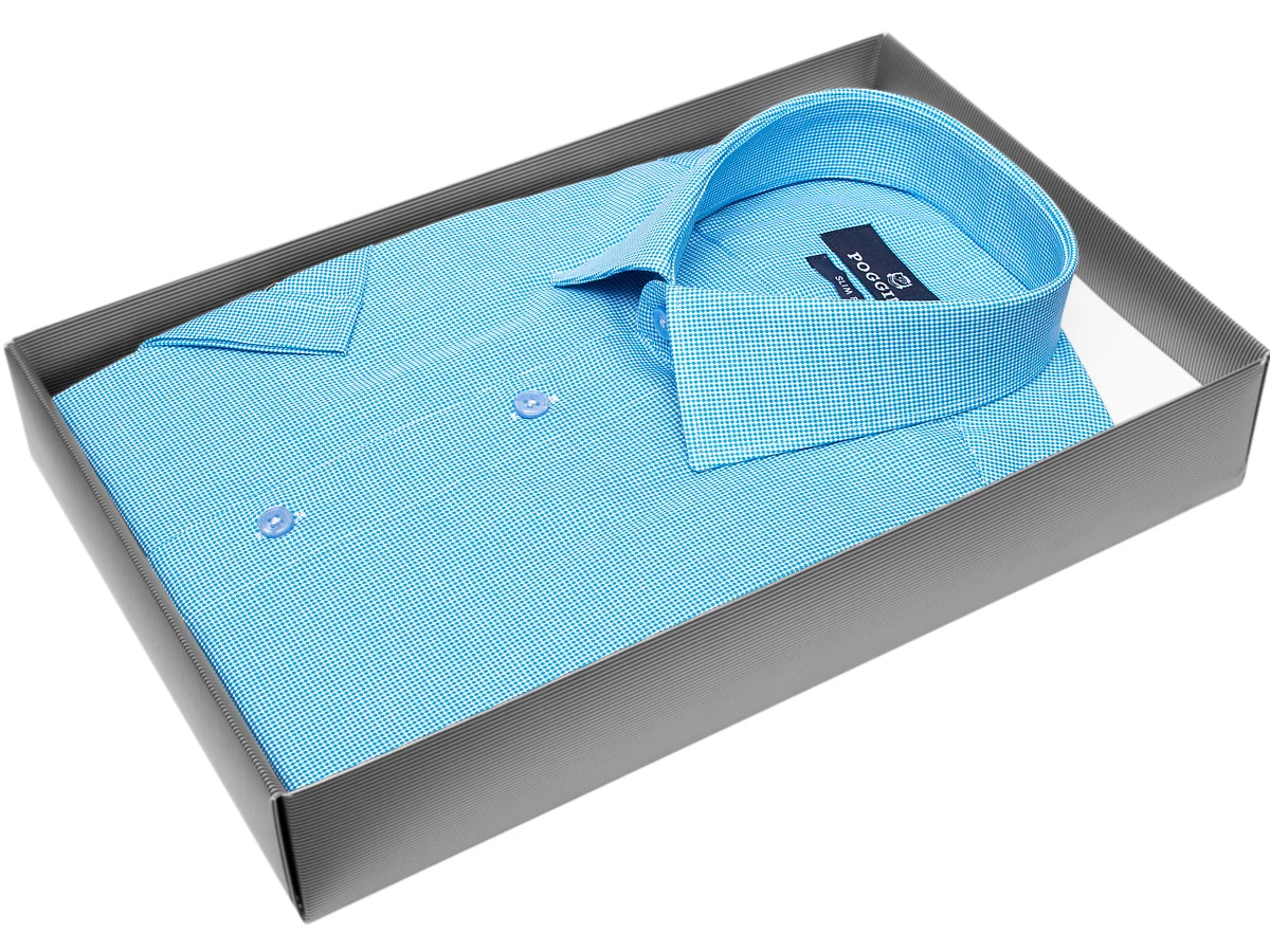 Стильная мужская рубашка Poggino 7003-44 рукав короткий силуэт приталенный стиль классический цвет бирюзовый в клетку 100% хлопок