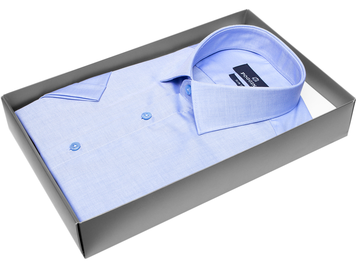 Голубая приталенная мужская рубашка Poggino 7003-13 с коротким рукавом