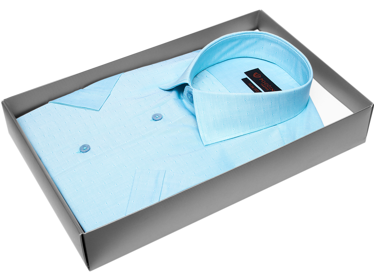 Бирюзовая приталенная мужская рубашка Poggino 7000-07 в галочках с коротким рукавом купить в Москве недорого