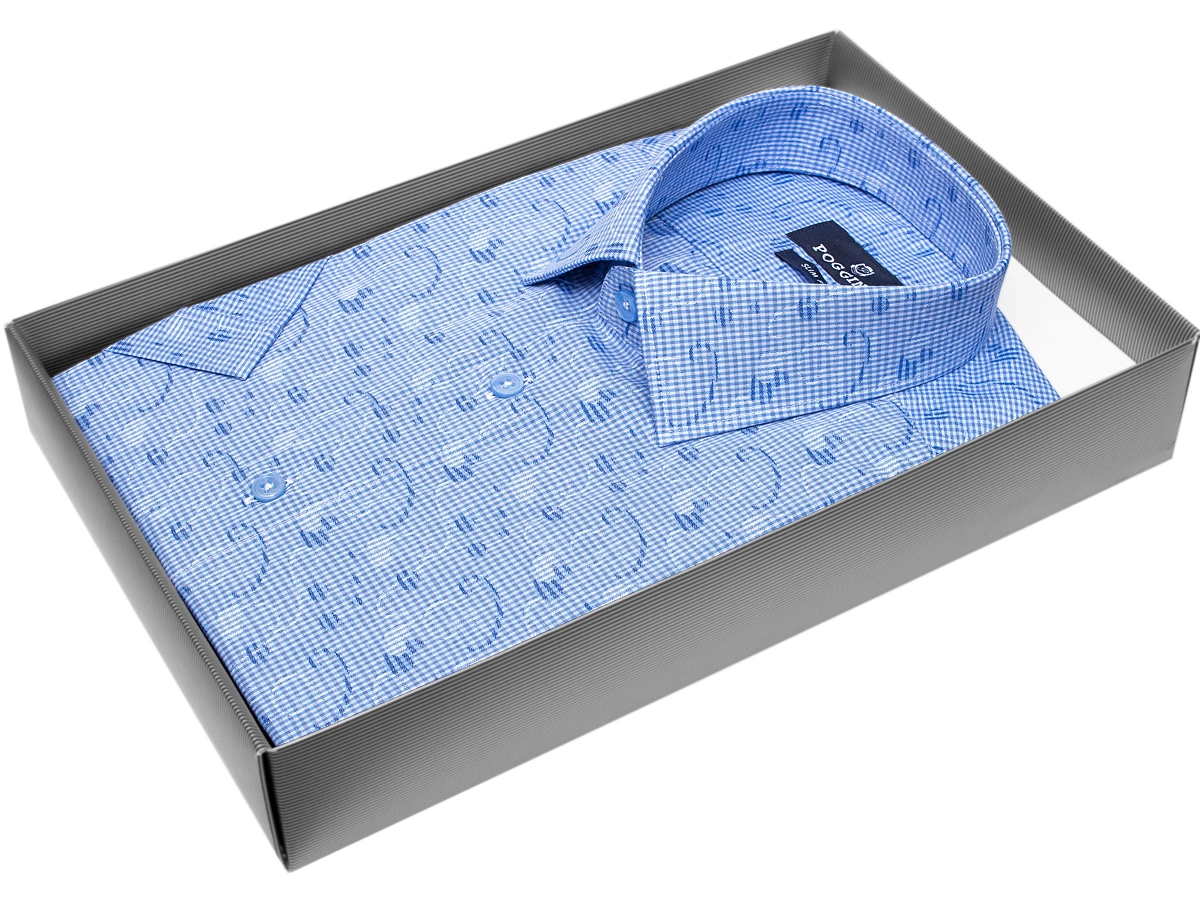 Синяя приталенная мужская рубашка Poggino 7003-11 в клетку с коротким рукавом купить в Москве недорого