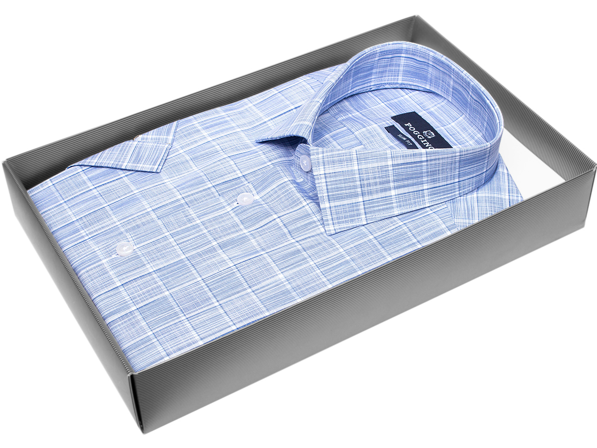 Светло-синяя приталенная мужская рубашка Poggino 7003-10 в клетку с коротким рукавом купить в Москве недорого