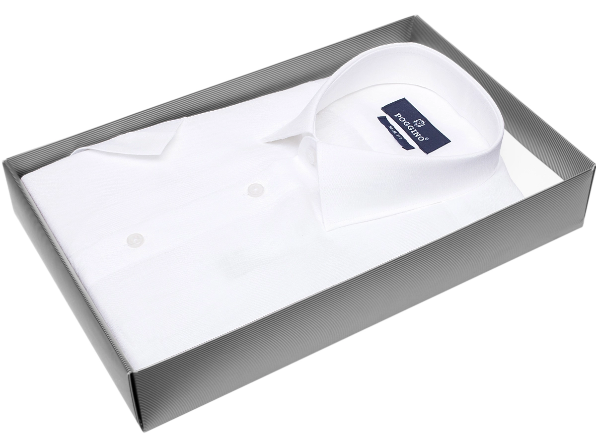 Белая приталенная мужская рубашка Poggino 7003-60 меланж с коротким рукавом купить в Москве недорого