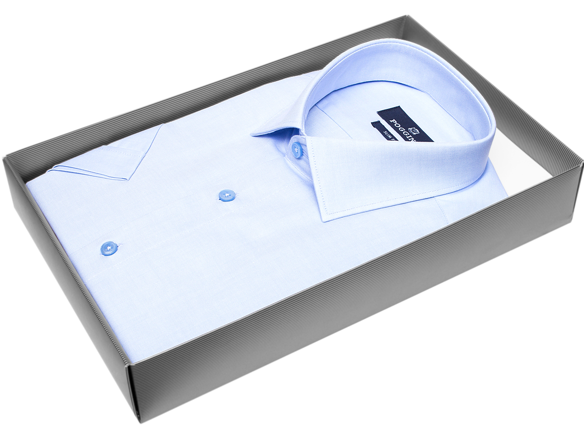 Голубая приталенная мужская рубашка Poggino 7003-32 с коротким рукавом купить в Москве недорого