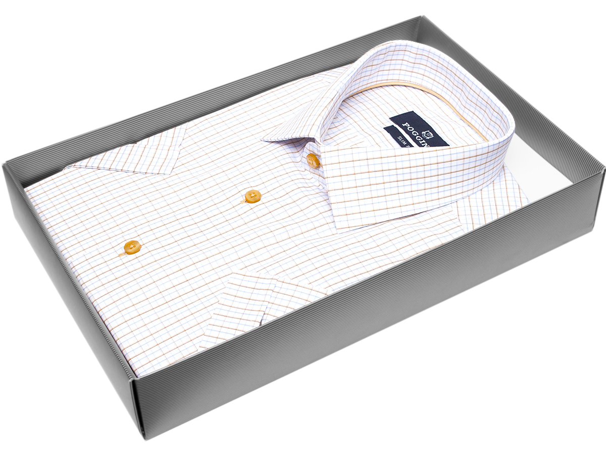 Белая приталенная мужская рубашка Poggino 7002-53 в клетку с коротким рукавом купить в Москве недорого