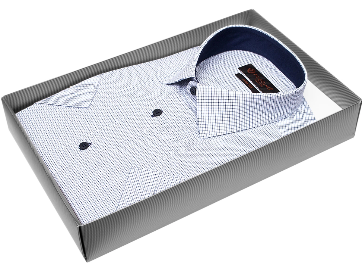 Стильная мужская рубашка Poggino 7000-31 рукав короткий силуэт приталенный стиль классический цвет светло-серый в клетку 100% хлопок