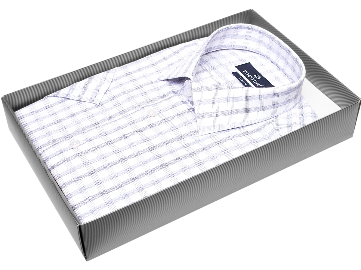 Белая приталенная мужская рубашка Poggino 7003-38 в клетку с коротким рукавом