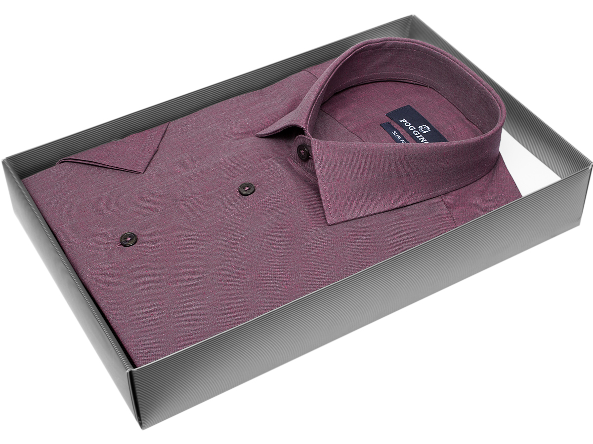 Бледно-бордовая приталенная мужская рубашка Poggino 7003-25 с коротким рукавом купить в Москве недорого