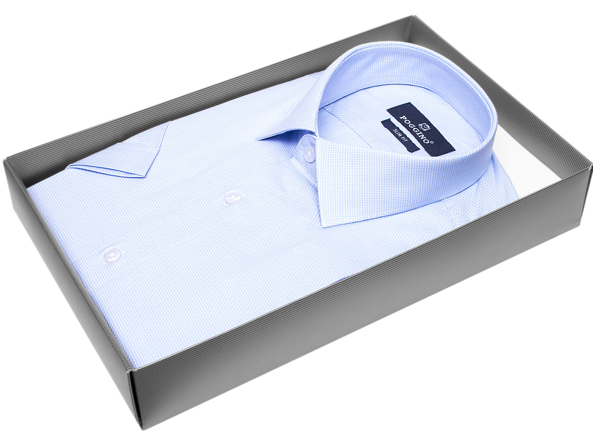Голубая приталенная мужская рубашка Poggino 7003-18 в клетку с коротким рукавом