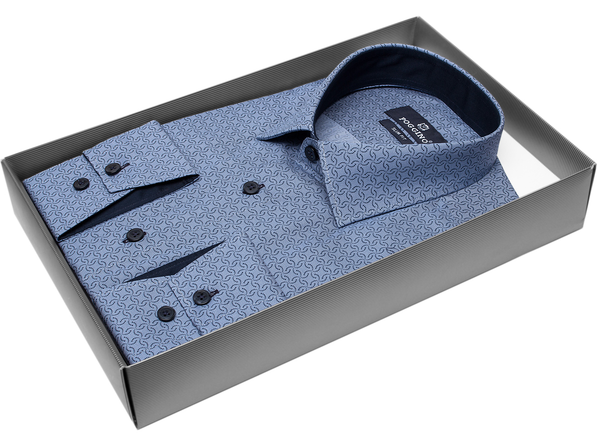 Серая приталенная мужская рубашка Poggino 5010-93 в узорах с длинными рукавами купить в Москве недорого