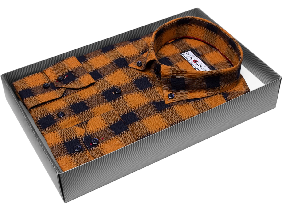 Мужская рубашка Louis Amava приталенный цвет коричневый в клетку купить в Москве недорого
