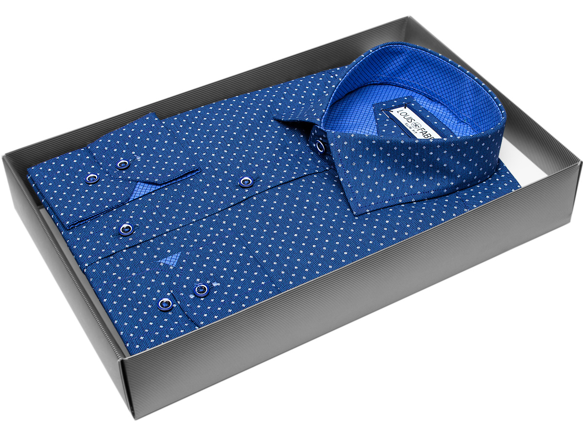 Синяя приталенная мужская рубашка Louis Fabel 2870-29 в ромбах с длинными рукавами купить в Москве недорого