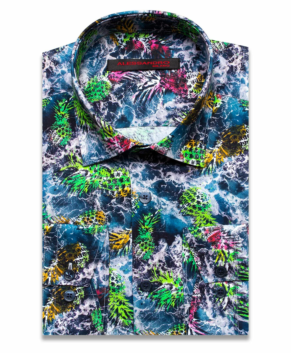 Разноцветная приталенная мужская рубашка Alessandro Milano Limited Edition 2075-25 в абстракции с длинными рукавами