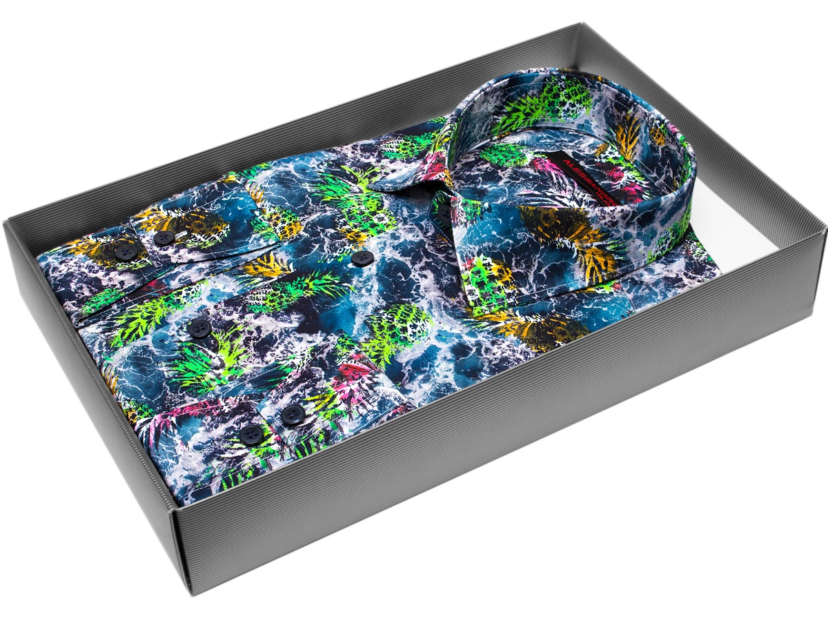 Разноцветная приталенная мужская рубашка Alessandro Milano Limited Edition 2075-25 в абстракции с длинными рукавами купить в Москве недорого