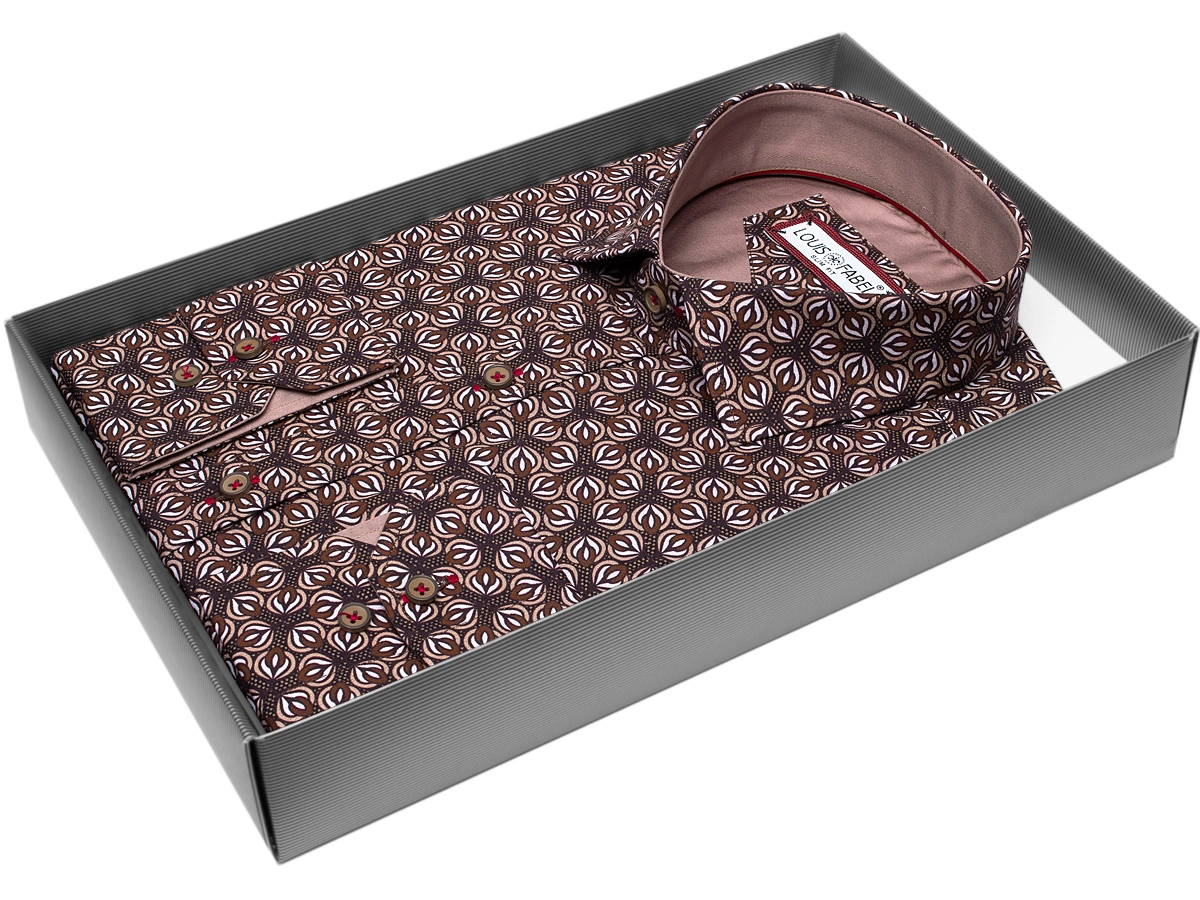 Мужская рубашка Louis Fabel приталенный цвет коричневый в цветах купить в Москве недорого