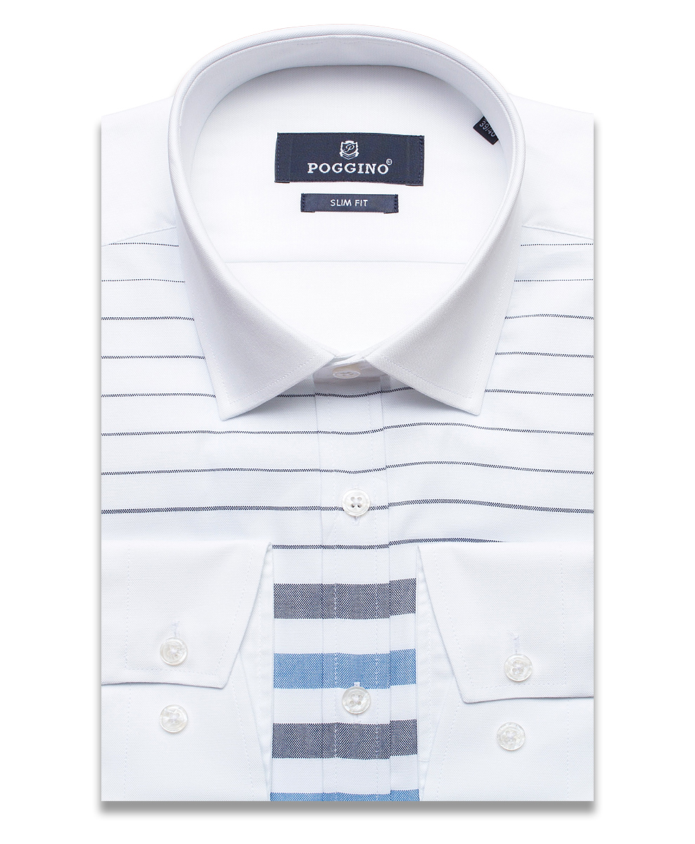 Белая комбинированная мужская рубашка Poggino 2000-02 в полоску с длинными рукавами