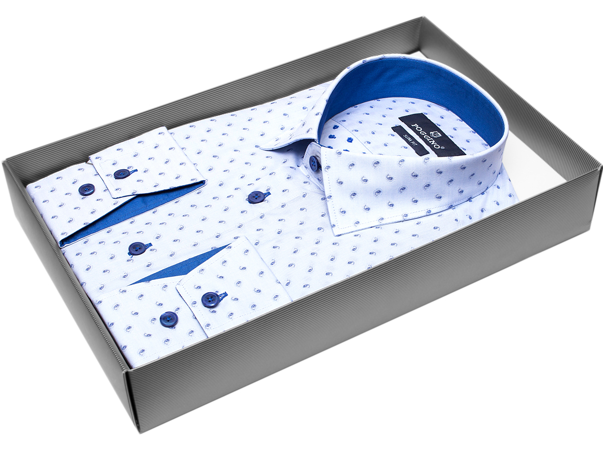 Голубая приталенная мужская рубашка Poggino 5007-52 в огурчиках с длинным рукавом купить в Москве недорого