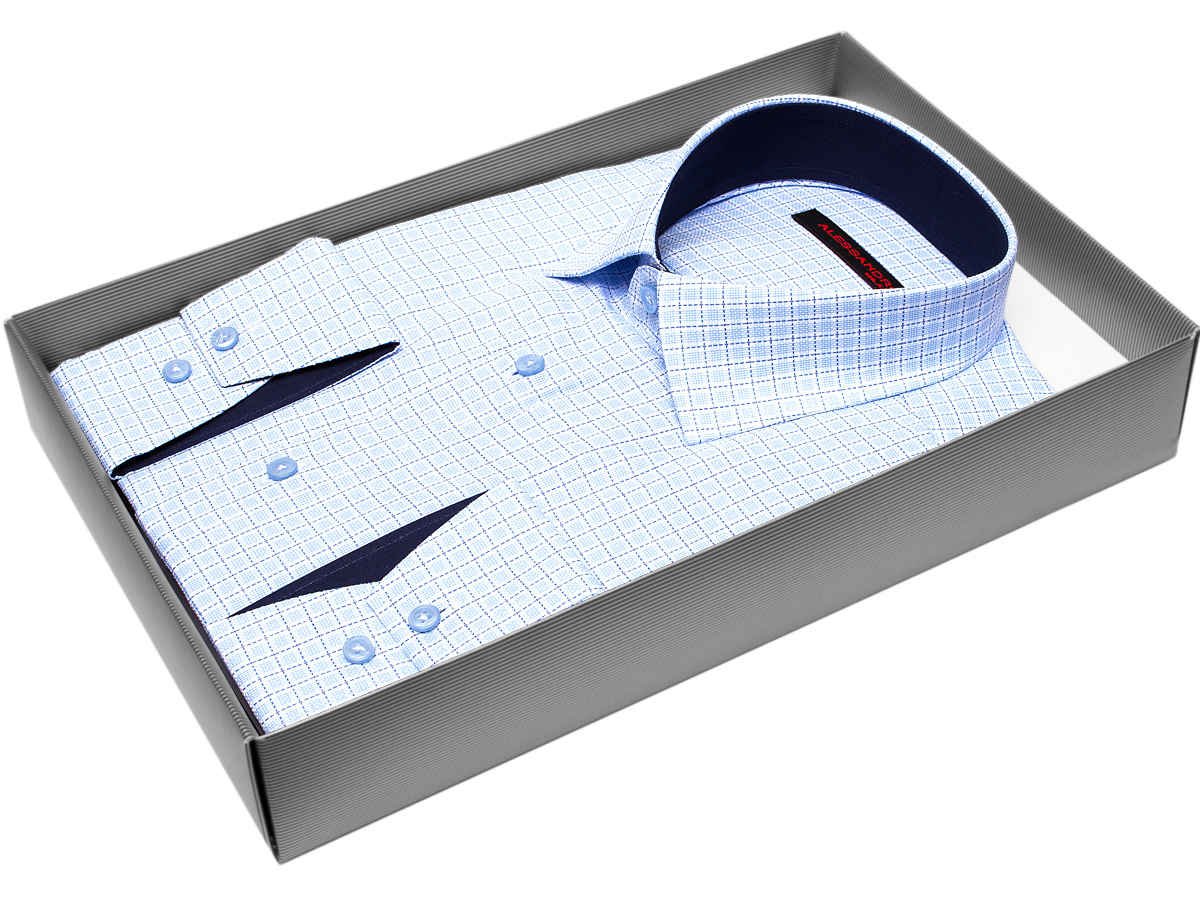 Голубая приталенная мужская рубашка Alessandro Milano Limited Edition 2075-36 в клетку с длинными рукавами купить в Москве недорого