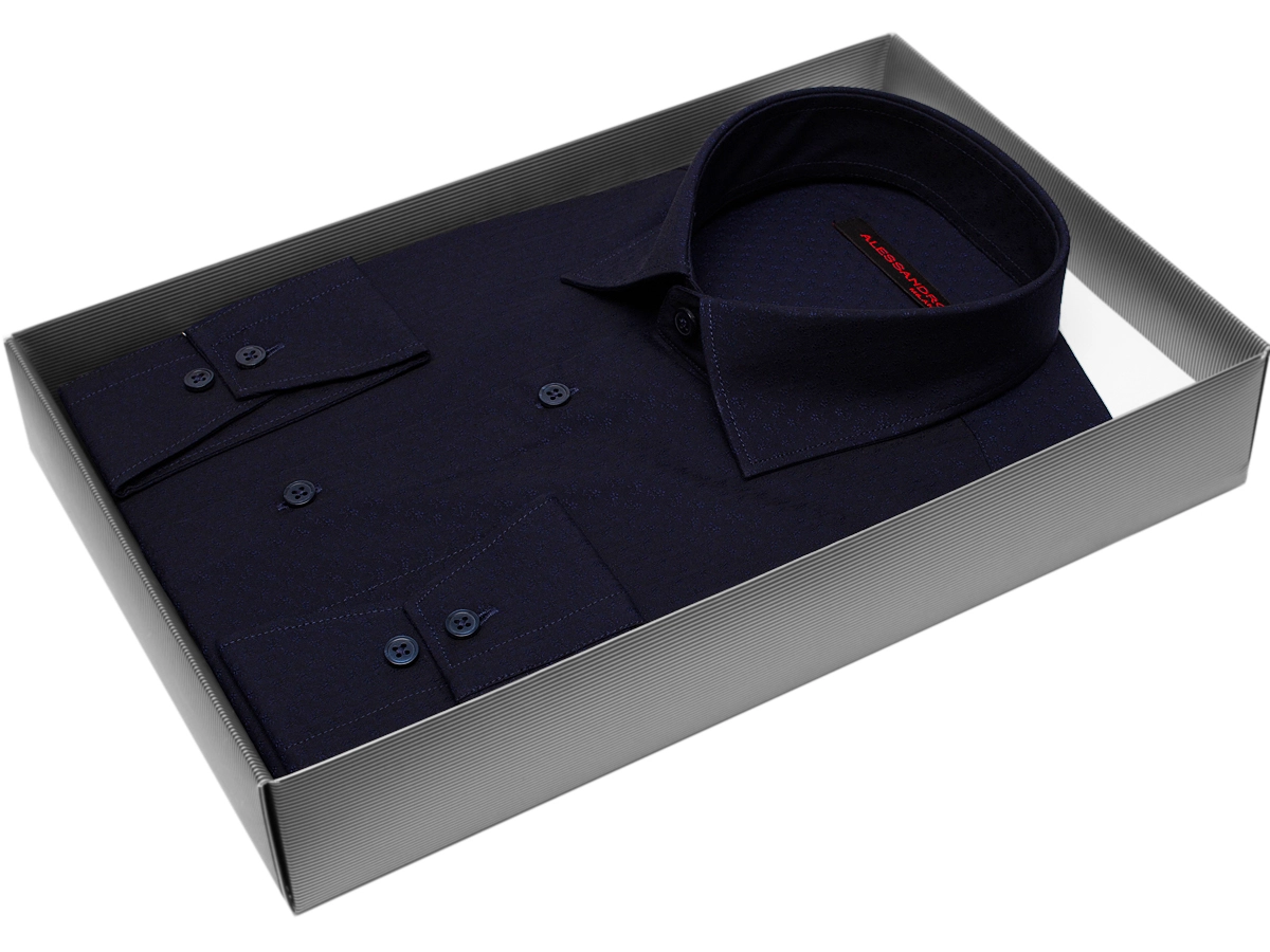 Темно-синяя приталенная мужская рубашка Alessandro Milano Limited Edition 2075-34 в цветочек с длинными рукавами купить в Москве недорого