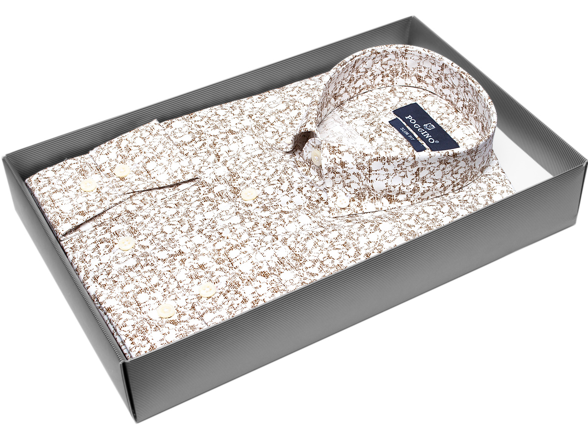Коричневая приталенная мужская рубашка Poggino 3300-05 в абстракции с длинными рукавами купить в Москве недорого