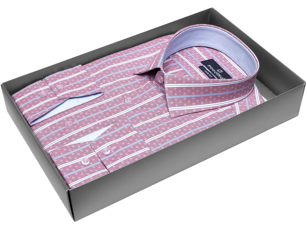 Удобная мужская рубашка Poggino 5008-26 рукав длинный силуэт приталенный стиль casual цвет бледно-бордовый в полоску 100% хлопок