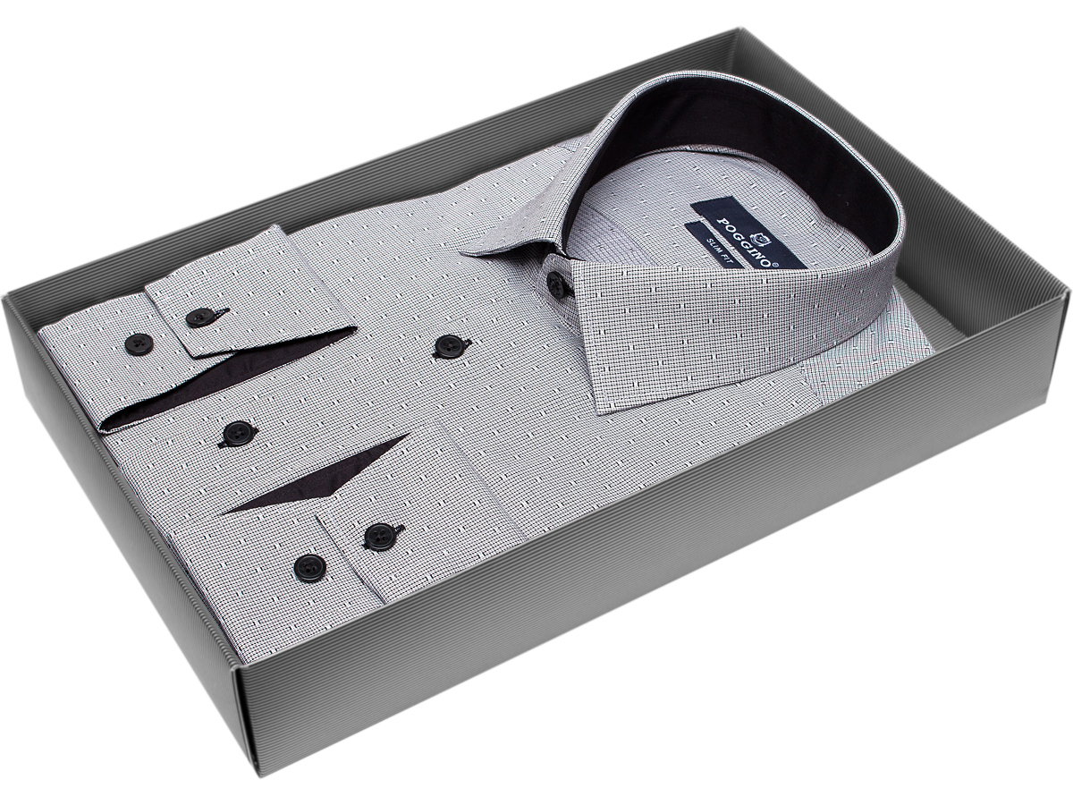 Удобная мужская рубашка Poggino 5010-85 рукав длинный силуэт приталенный стиль классический цвет серый в клетку 100% хлопок