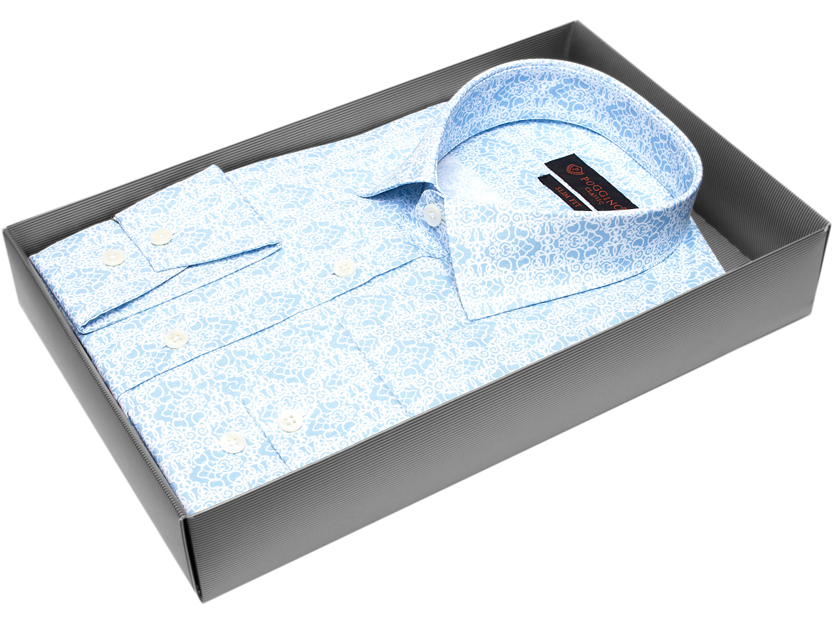 Голубая приталенная мужская рубашка Poggino 7000-58 в узорах с длинными рукавами