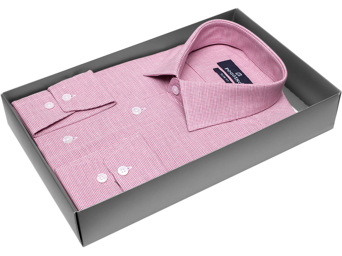 Удобная мужская рубашка Poggino 7011-23 рукав длинный силуэт приталенный стиль классический цвет бледно-бордовый в клетку 100% хлопок
