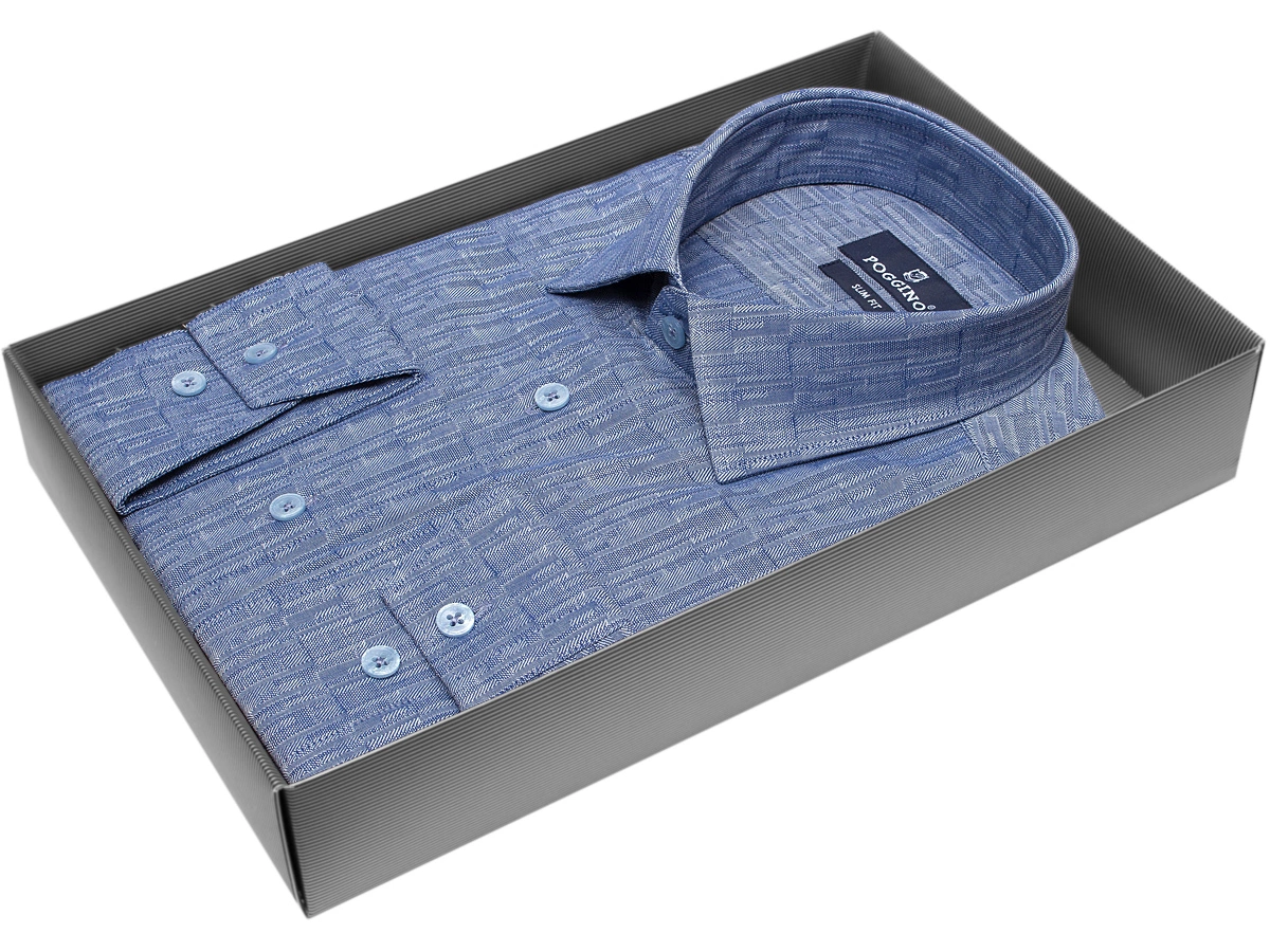 Синяя приталенная мужская рубашка Poggino 5007-12 в отрезках с длинным рукавом купить в Москве недорого