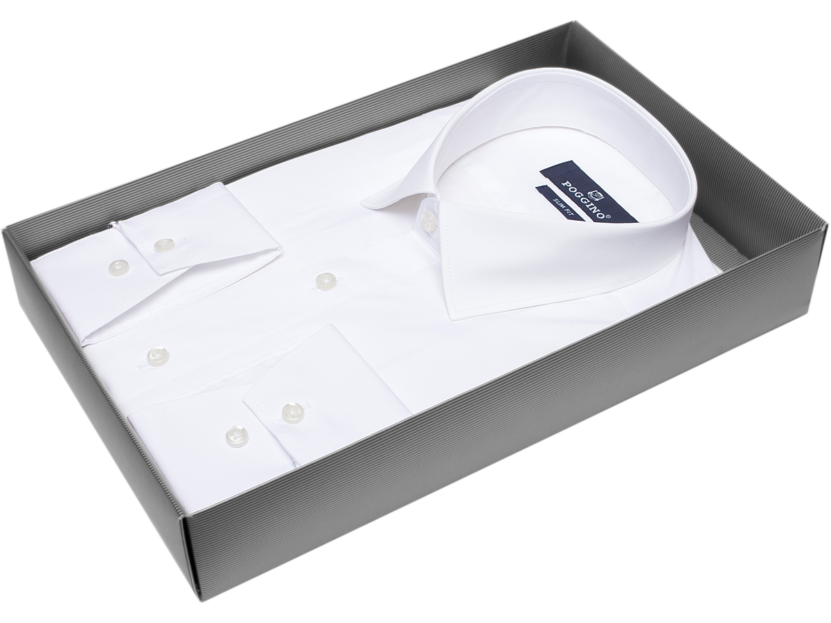 Удобная мужская рубашка Poggino 5010-111 рукав длинный силуэт приталенный стиль классический цвет белый однотонный 100% хлопок