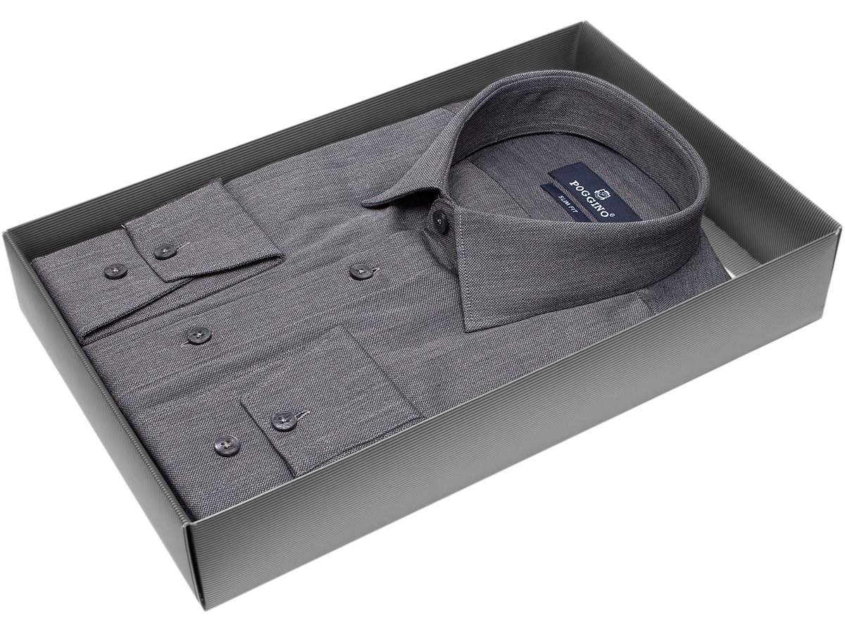 Приталенная мужская рубашка Poggino 5009-47 рукав длинный стиль классический цвет темно серый однотонный 100% хлопок