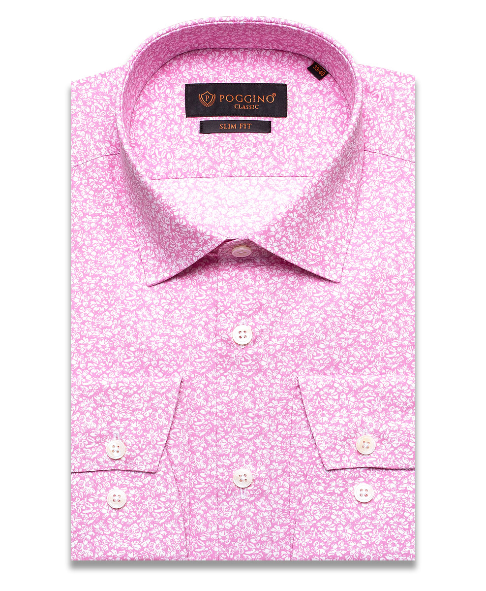 Розовая приталенная мужская рубашка Poggino 7000-70 в цветочек с длинными рукавами