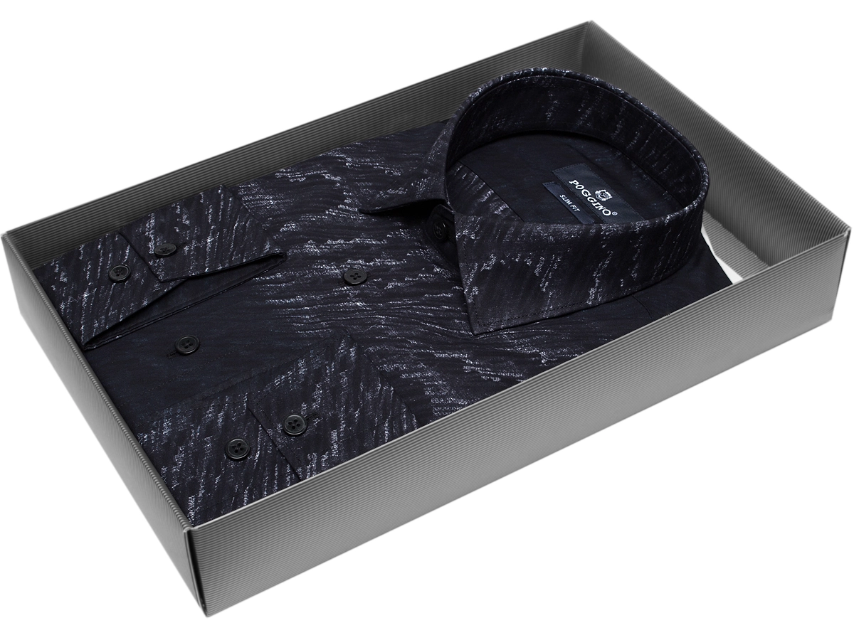 Черная приталенная мужская рубашка Poggino 5007-81 в абстракции с длинными рукавами купить в Москве недорого