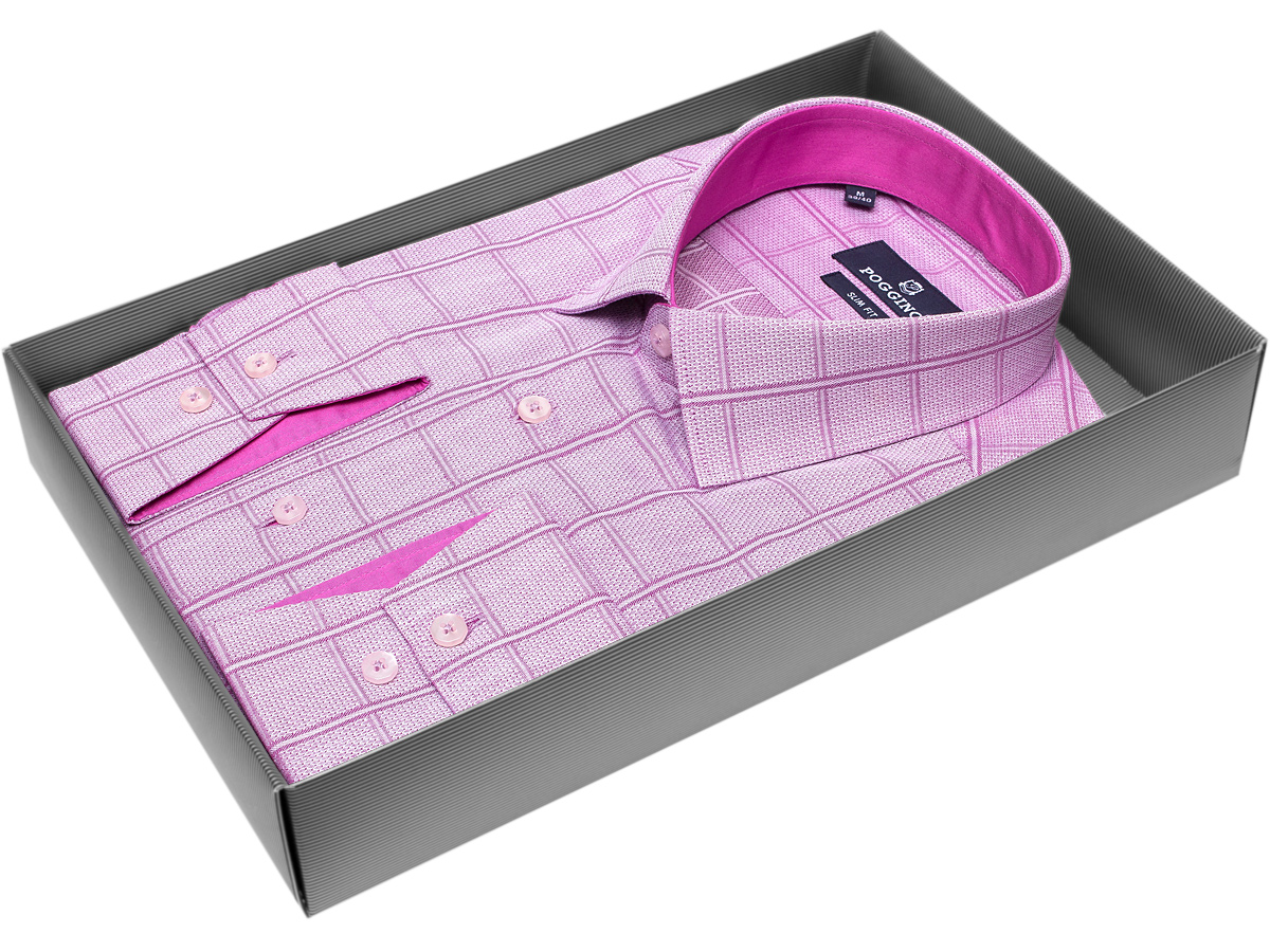Модная мужская рубашка Poggino 5004-27 силуэт приталенный стиль casual цвет бледно-бордовый в клетку 100% хлопок