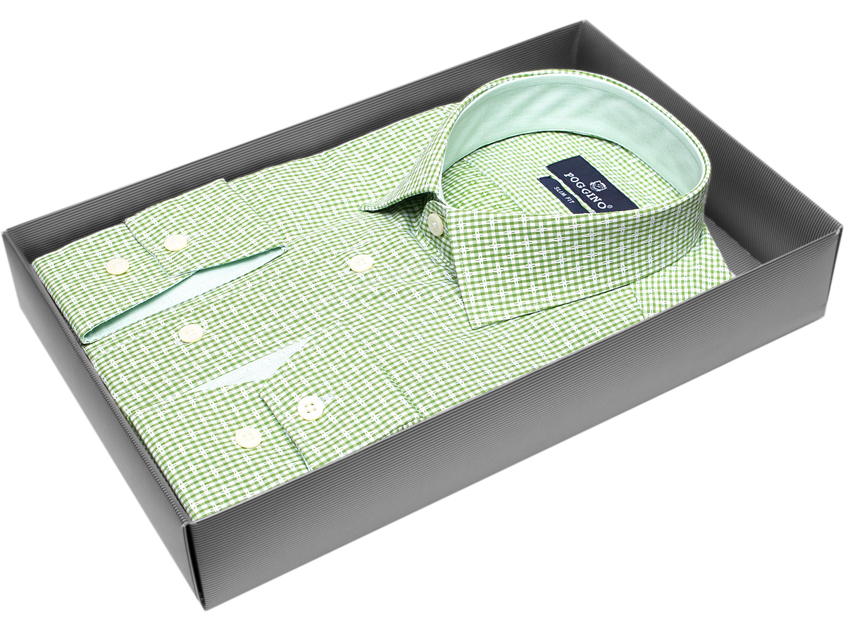 Модная мужская рубашка Poggino 5008-16 силуэт приталенный стиль casual цвет зеленый в клетку 100% хлопок