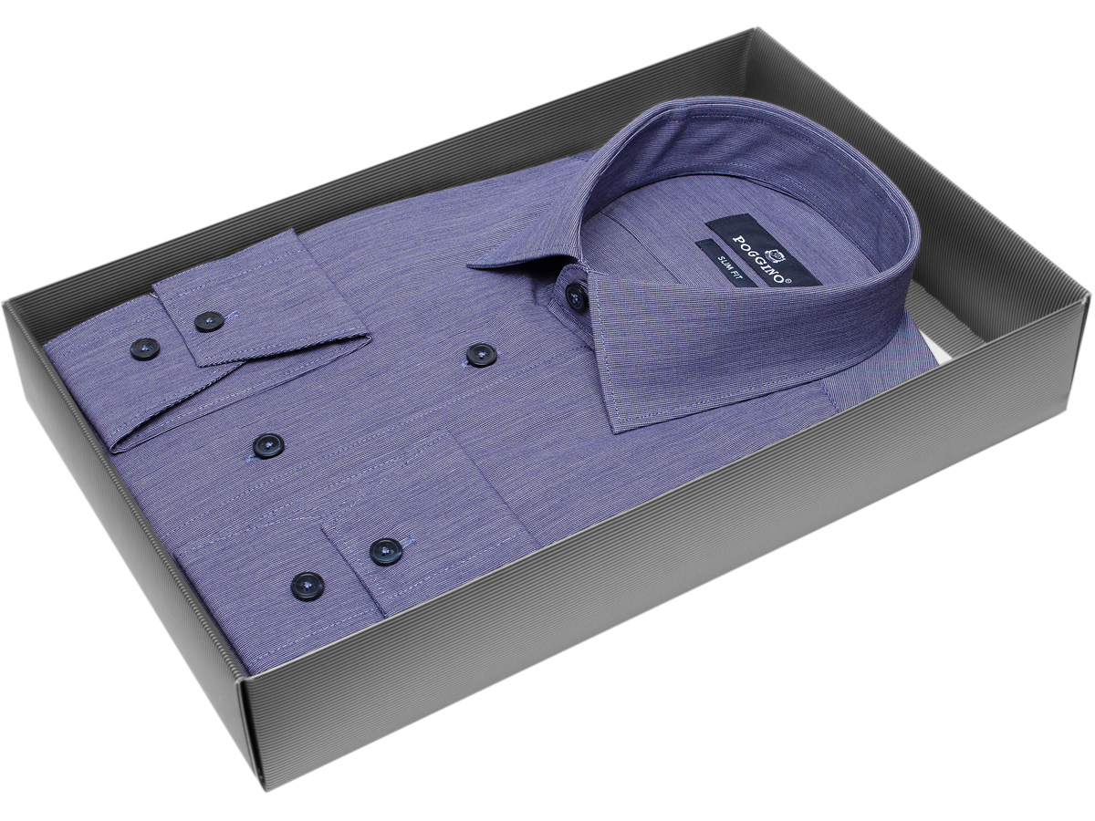 Модная мужская рубашка Poggino 5009-40 силуэт приталенный стиль классический цвет синий меланж 100% хлопок
