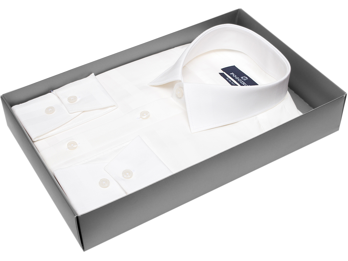 Стильная мужская рубашка Poggino 5010-110 силуэт приталенный стиль классический цвет кремовый в клетку 100% хлопок