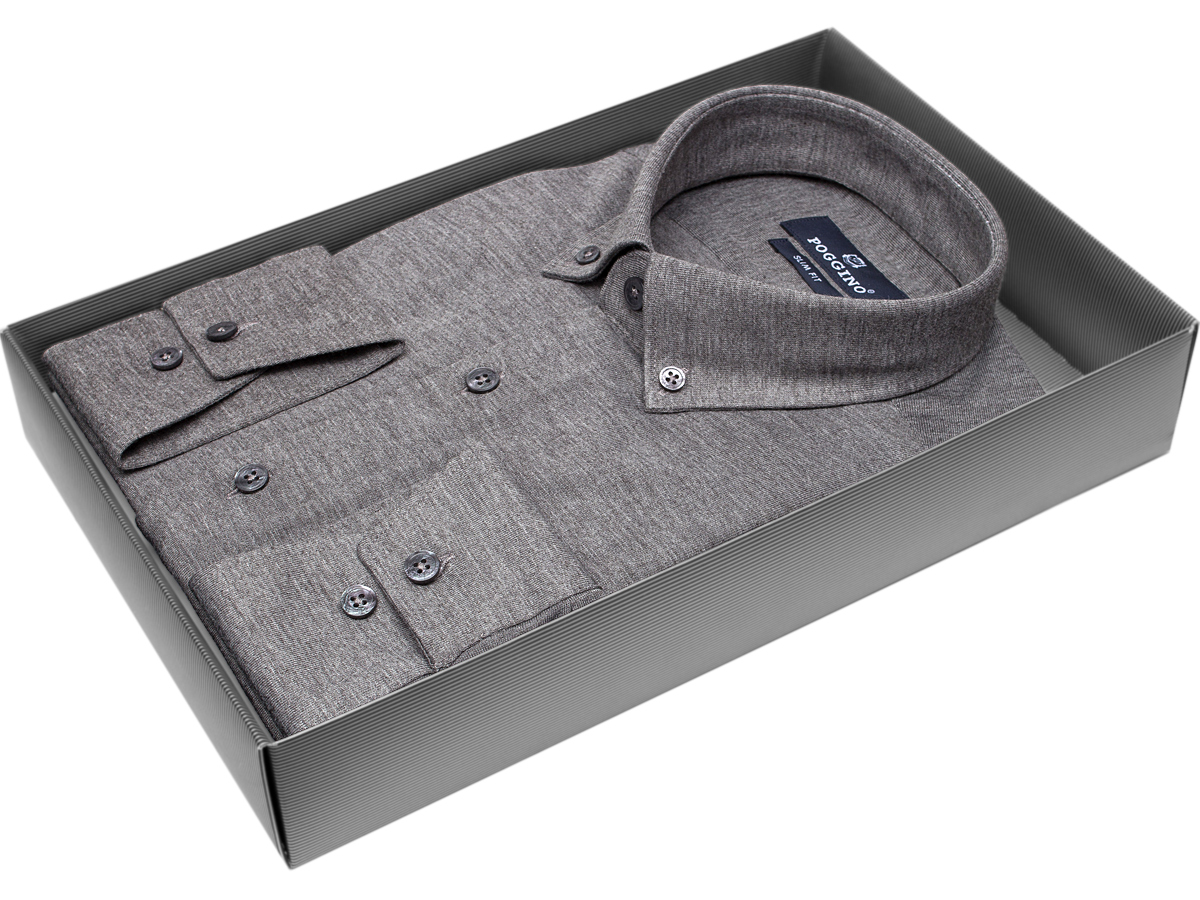 Удобная мужская рубашка Poggino 7011-03 рукав длинный силуэт приталенный стиль casual цвет серый меланж 100% хлопок