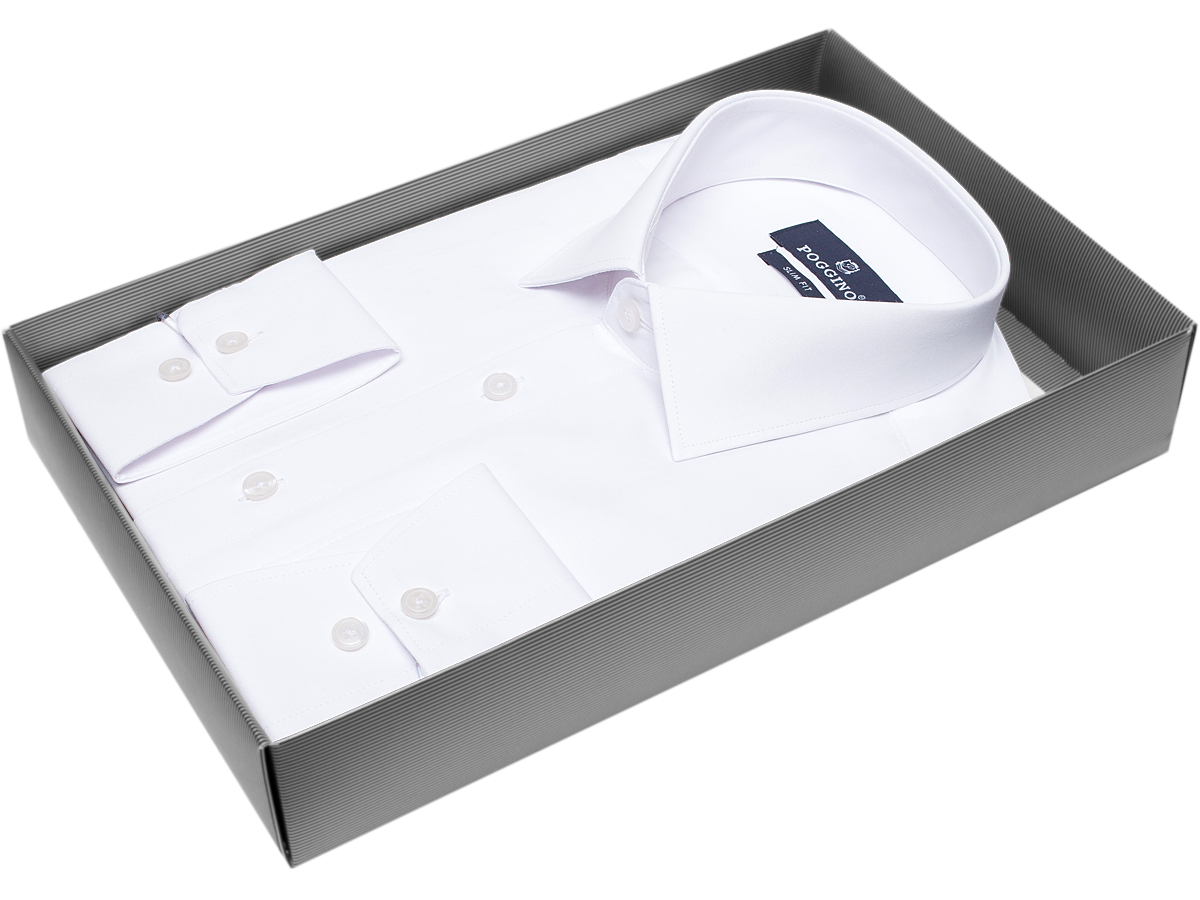 Яркая мужская рубашка Poggino 7011-31 рукав длинный силуэт приталенный стиль классический цвет белый однотонный 100% хлопок