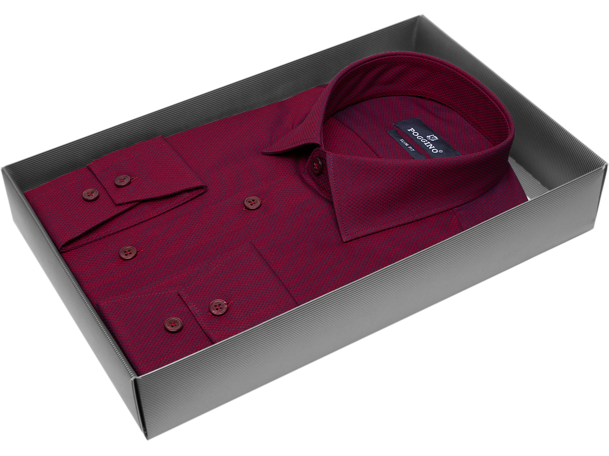 Бордово-фиолетовая приталенная мужская рубашка Poggino 5010-21 в клетку с длинными рукавами