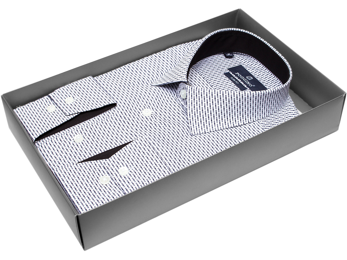 Черно-белая приталенная мужская рубашка Poggino 5010-17 в отрезках с длинными рукавами купить в Москве недорого