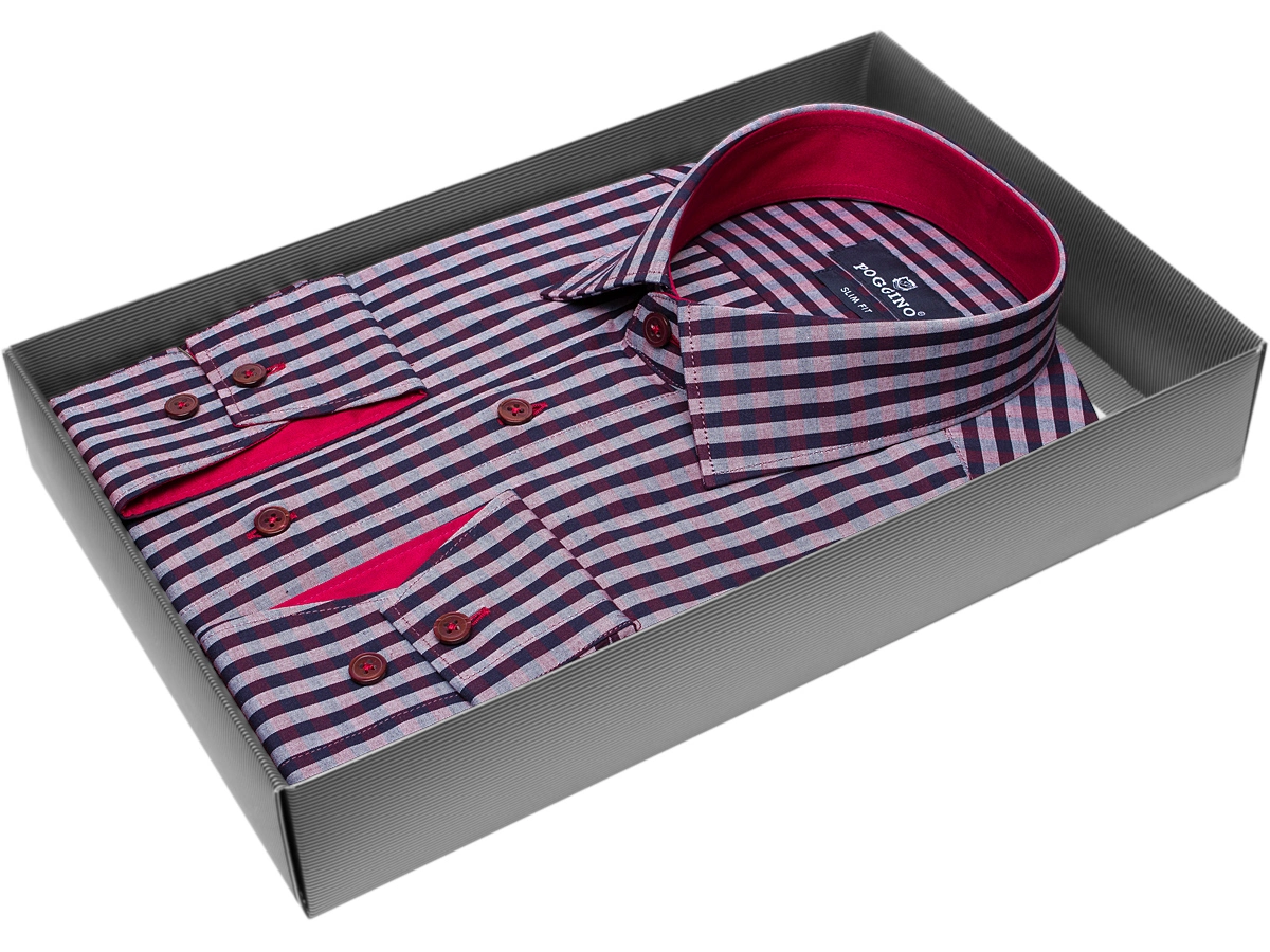 Пурпурно-серая приталенная мужская рубашка Poggino 5010-105 в полоску с длинными рукавами купить в Москве недорого