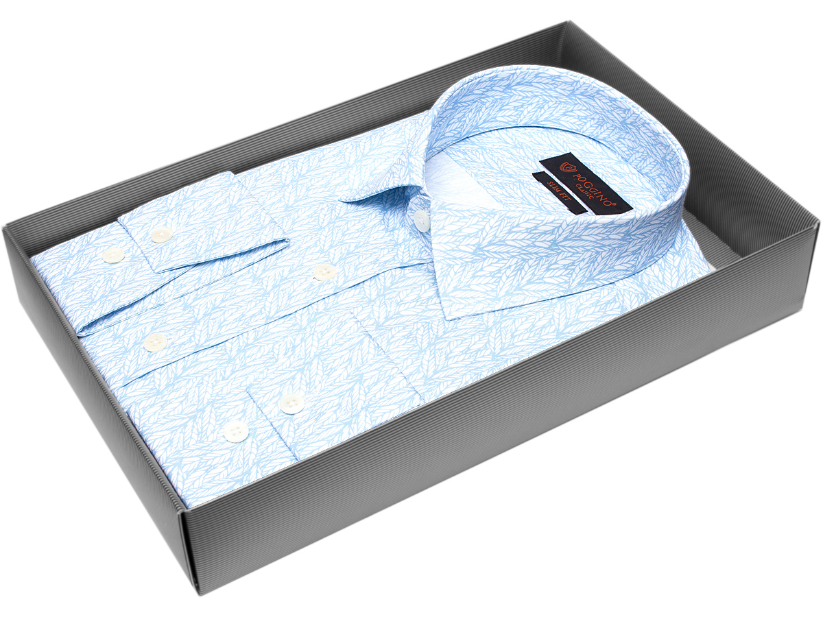 Яркая мужская рубашка Poggino 7000-46 рукав длинный силуэт приталенный стиль casual цвет голубой в листьях 100% хлопок