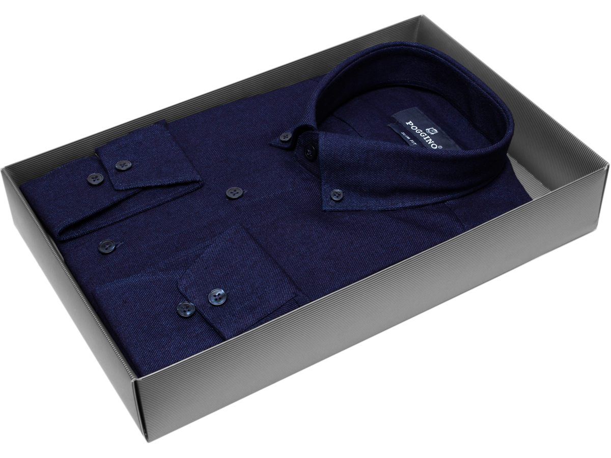 Стильная мужская рубашка Poggino 7011-04 силуэт приталенный стиль классический цвет темно синий однотонный 100% хлопок