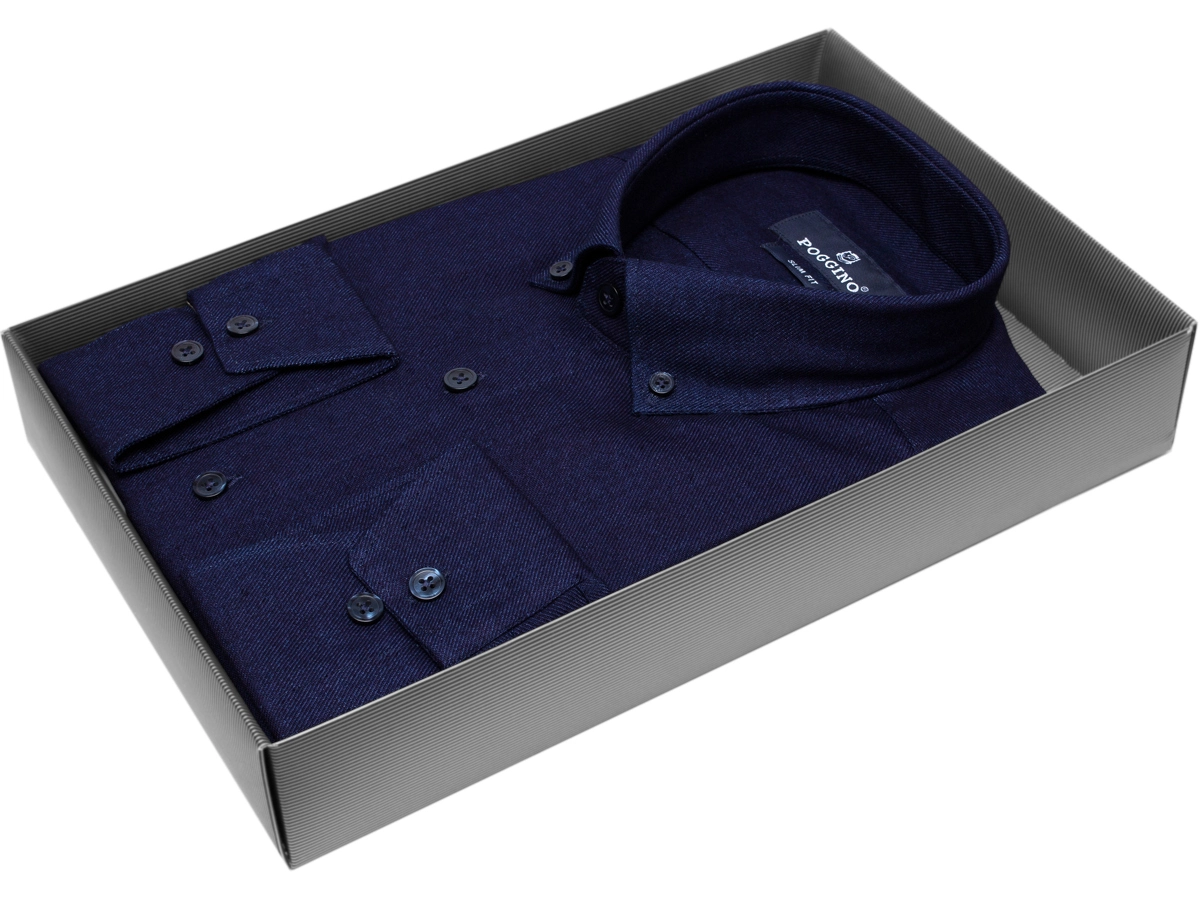 Темно-синяя приталенная мужская рубашка Poggino 7011-04 с длинными рукавами купить в Москве недорого