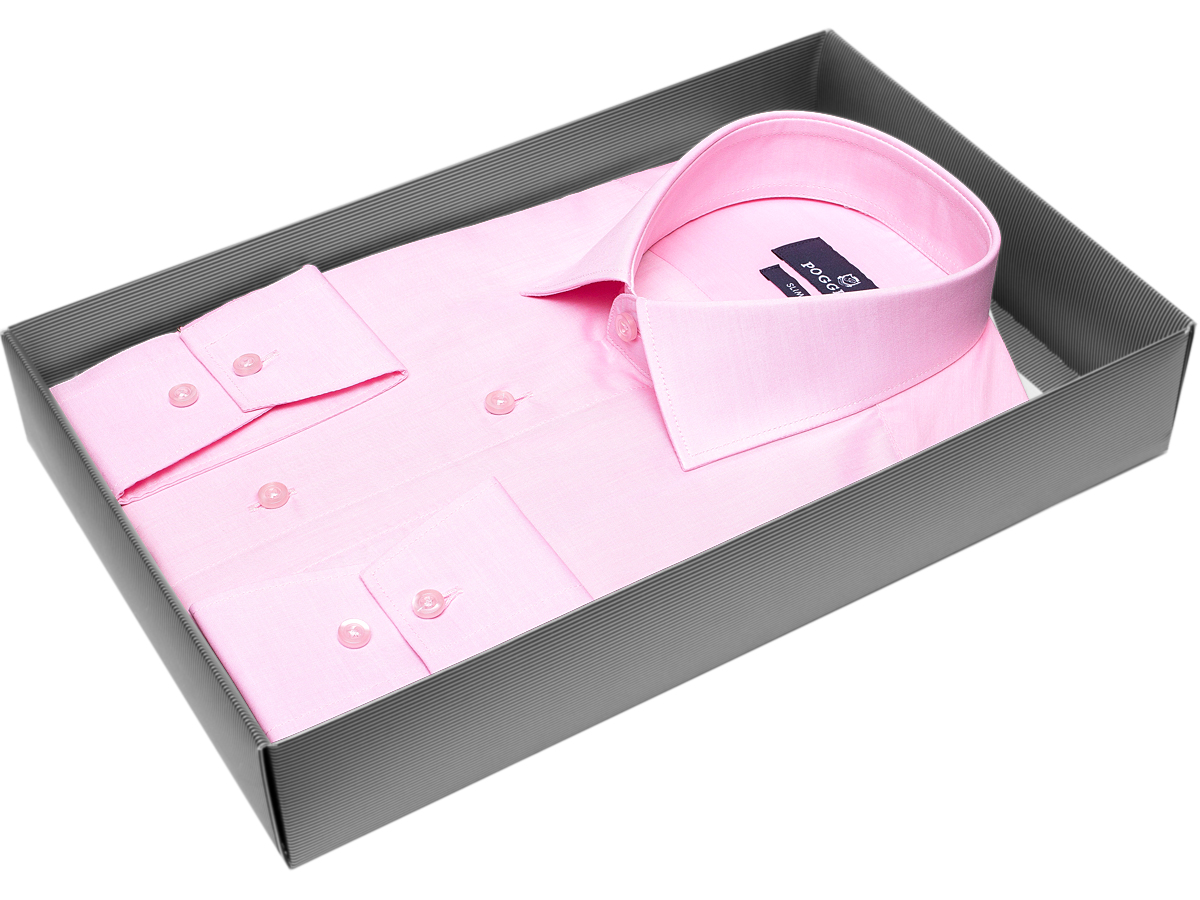 Стильная мужская рубашка Poggino 5010-167 силуэт приталенный стиль классический цвет розовый однотонный 100% хлопок