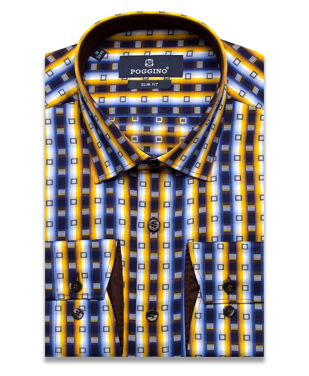 Разноцветная приталенная мужская рубашка Poggino 5004-30 в полоску с длинными рукавами