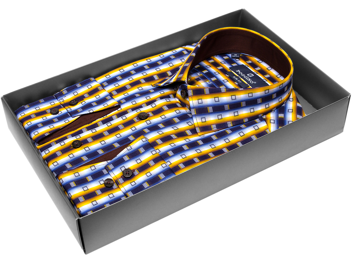 Приталенная мужская рубашка Poggino 5004-30 рукав длинный стиль casual цвет мультиколор в полоску 100% хлопок