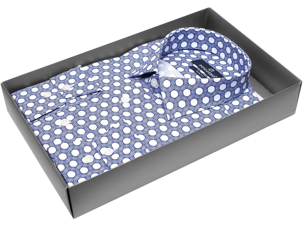Синяя приталенная мужская рубашка Poggino 5010-16 в узорах с длинным рукавом купить в Москве недорого
