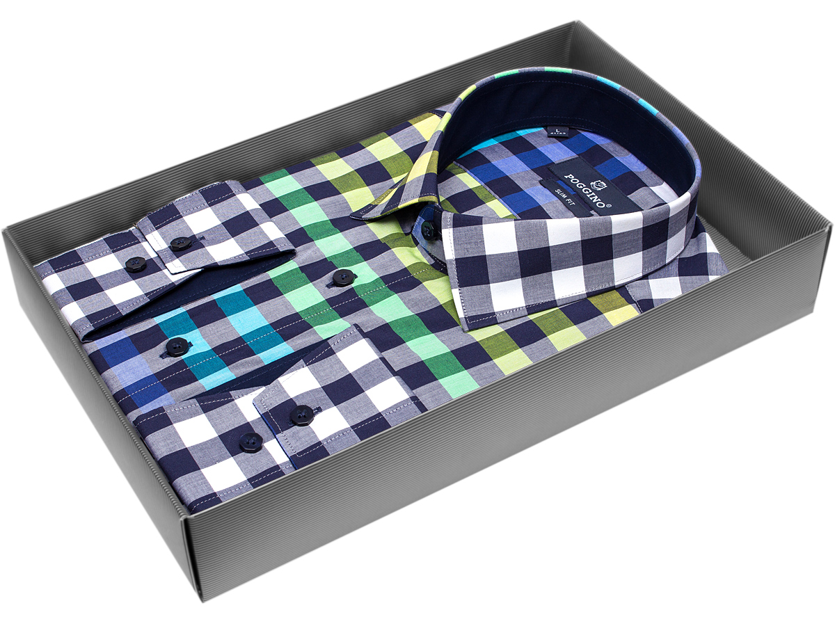 Стильная мужская рубашка Poggino 5004-41 силуэт приталенный стиль casual цвет мультиколор в клетку 100% хлопок