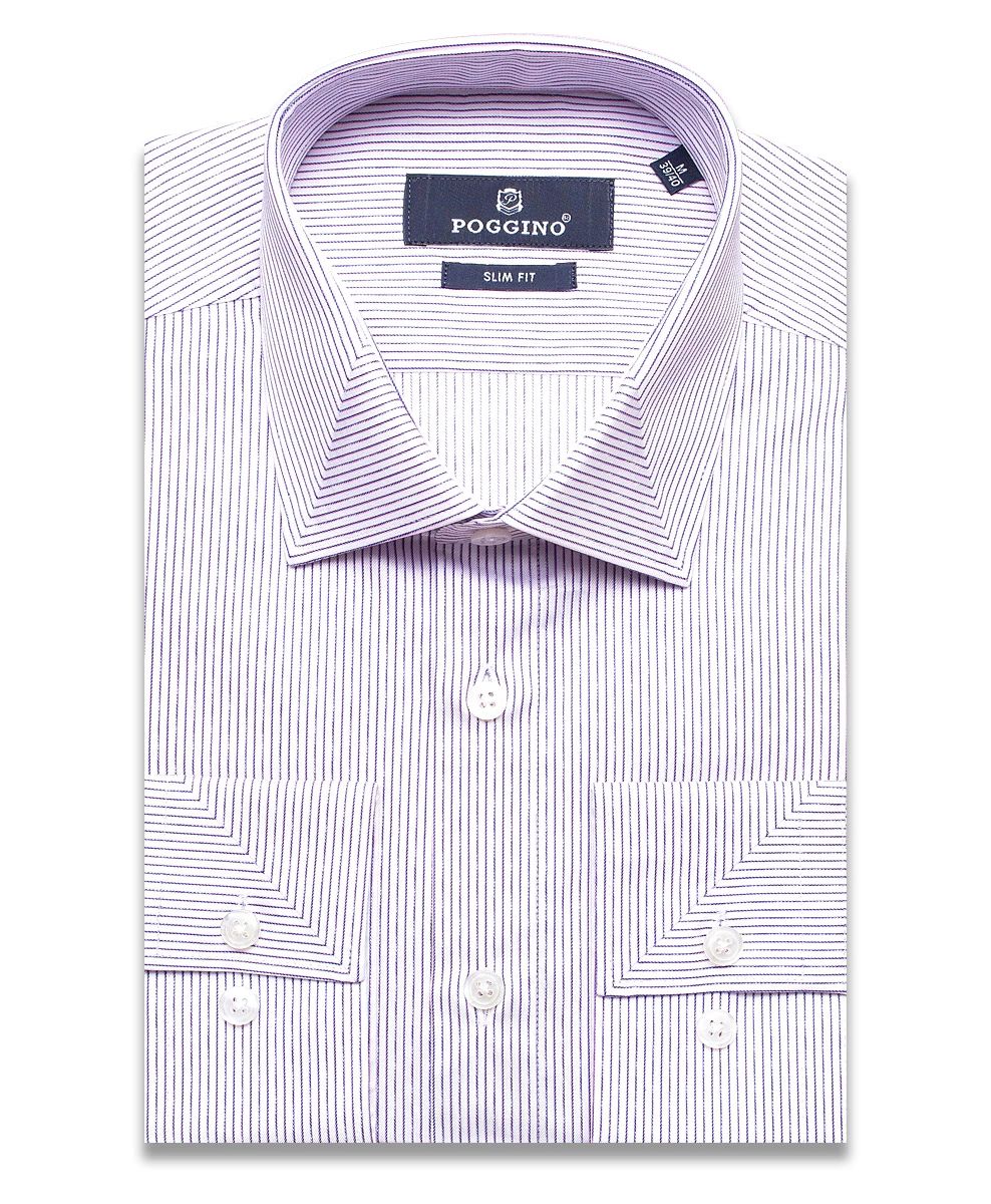 Сиреневая приталенная мужская рубашка Poggino 7011-65 в полоску с длинными рукавами